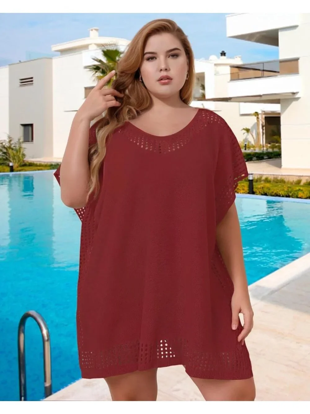 Women's Z Red One Size Polyester Crochet Summer Swimsuit And Bath Coverup Dress